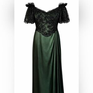 Vintage Rose Taft OffShoulder Black Lace Beaded Dark Green Satin Evening Gown 10
